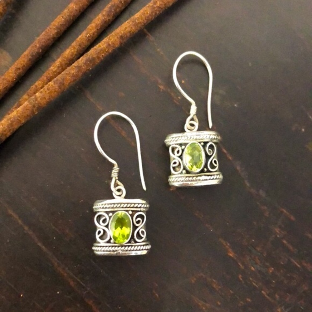 Hand Crafted Peridot Hanging Earring, Sterling Silver